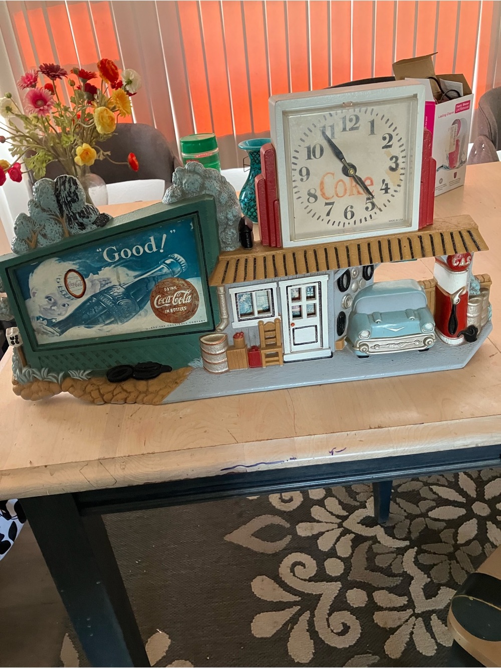 Vintage Burwood Coca Cola 3D Gas Station and Classic Car Wall Clock